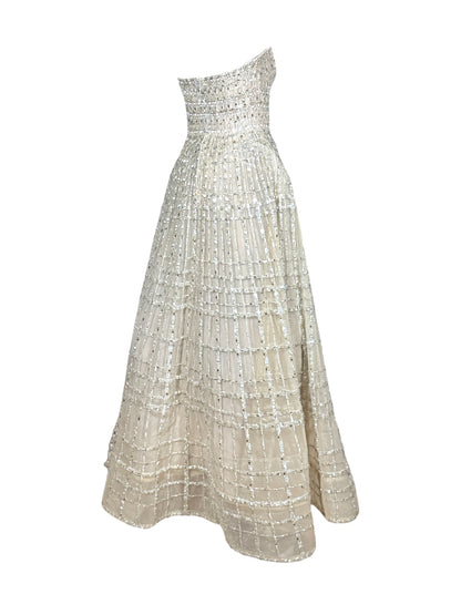 Elie Saab Strapless maxi princess embroidered nude tulle dress
