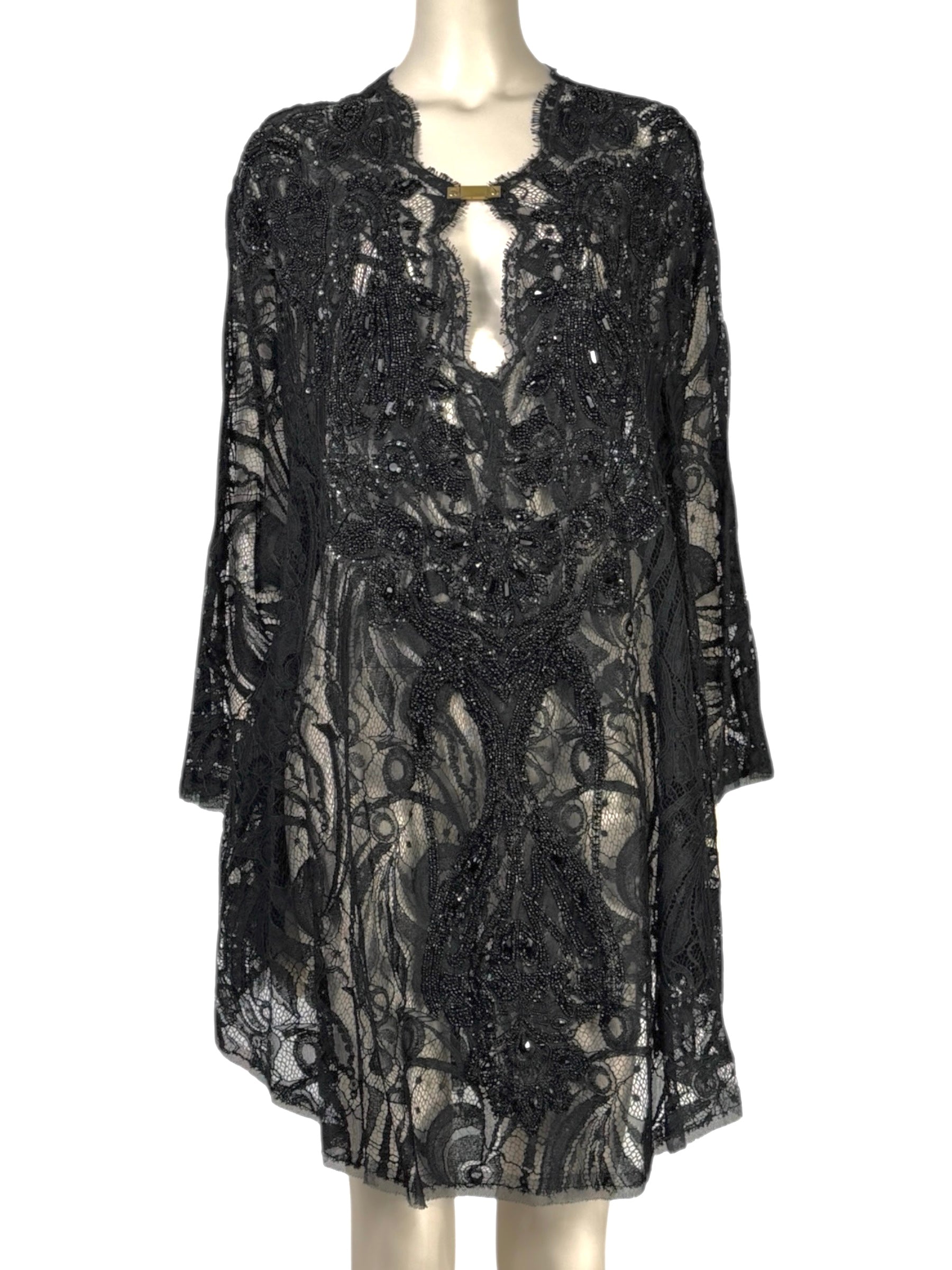 Emilio Pucci - Black lace cape-style tunic embroidered with pearls and rhinestones