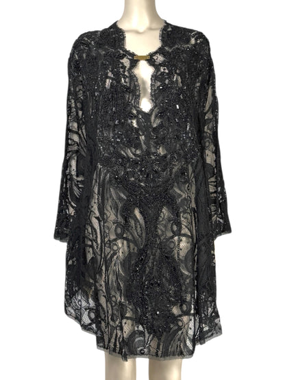 Emilio Pucci - Black lace cape-style tunic embroidered with pearls and rhinestones