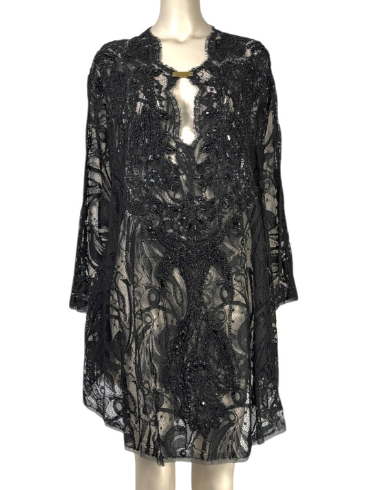 Emilio Pucci - Black lace cape-style tunic embroidered with pearls and rhinestones