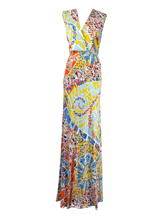 Emilio Pucci - Long dress in multicoloured viscose jersey, gold metal chain fastening