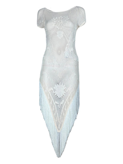 Emilio Pucci Asymmetrical knit ecru fringe dress