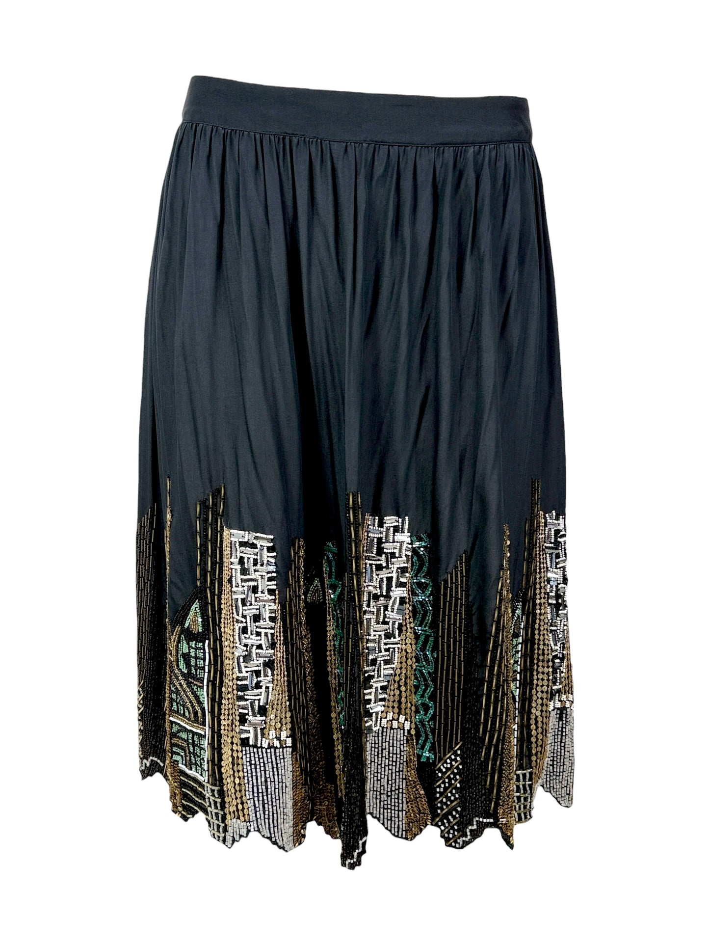 Etro black silk embroidered buildings skirt