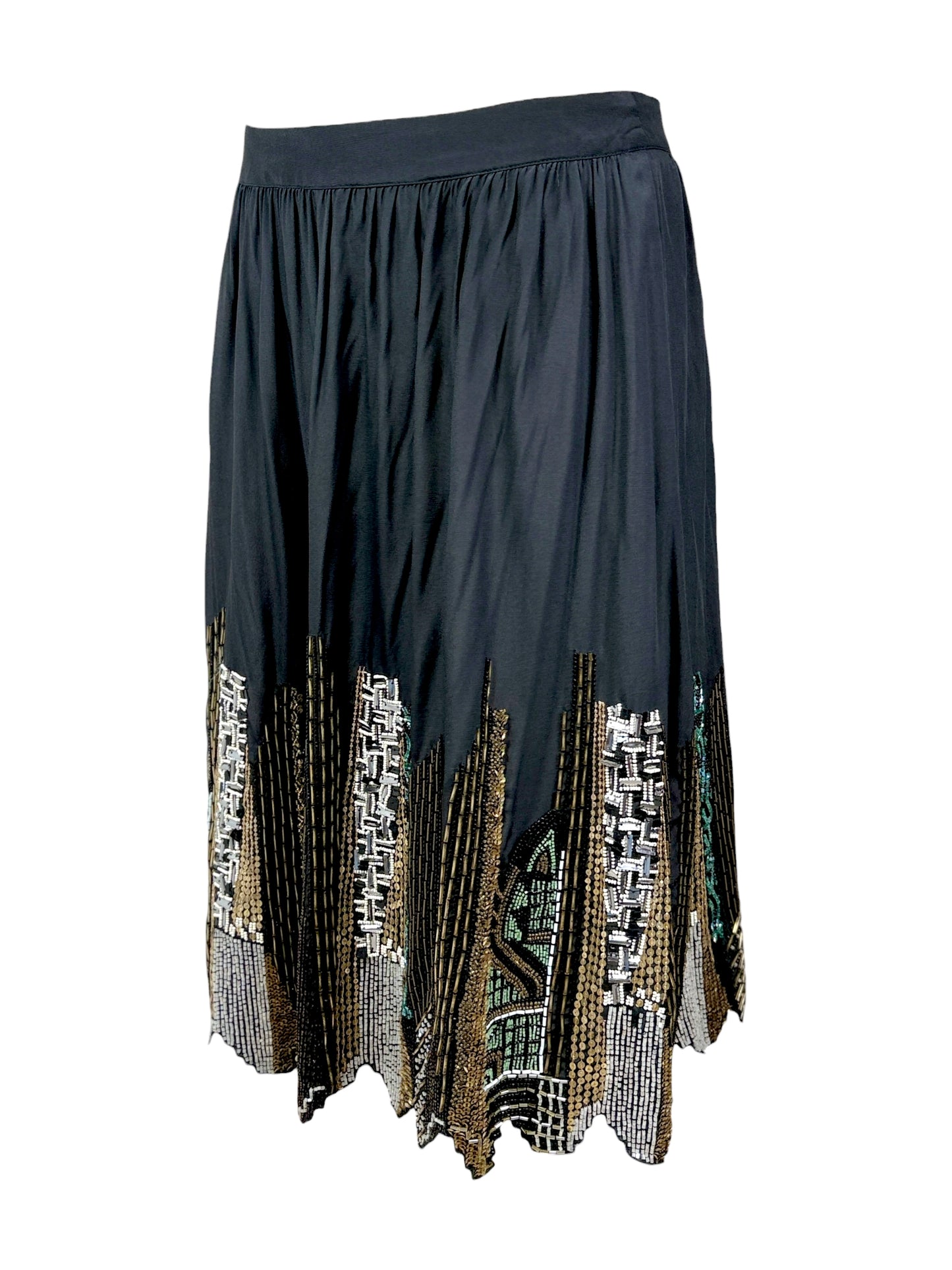 Etro black silk embroidered buildings skirt