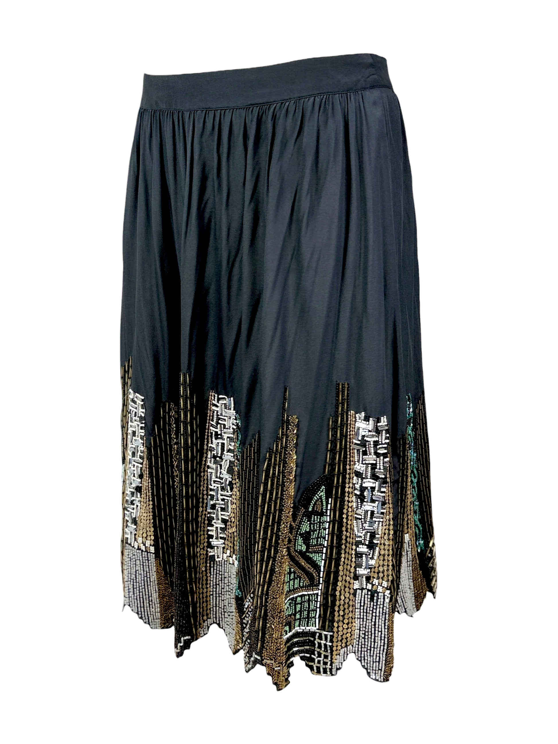 Etro black silk embroidered buildings skirt