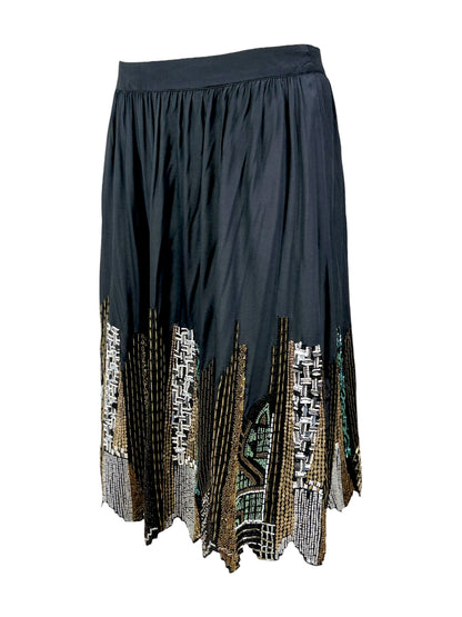 Etro black silk embroidered buildings skirt