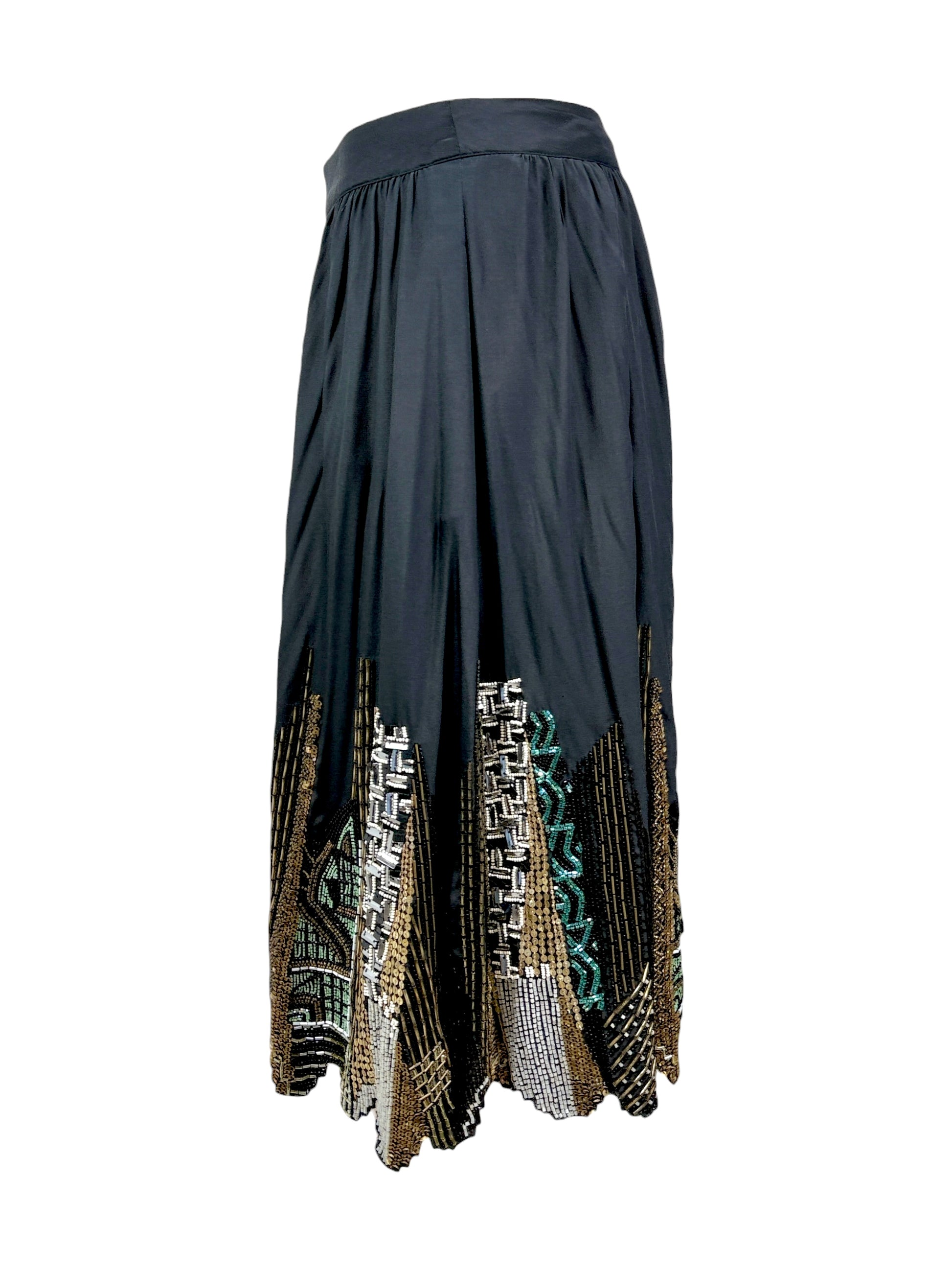 Etro black silk embroidered buildings skirt