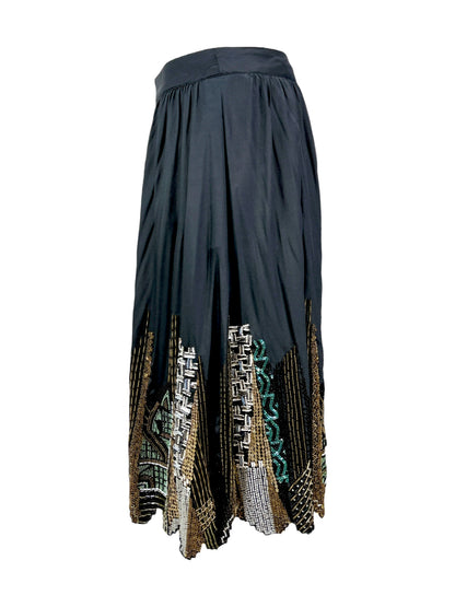 Etro black silk embroidered buildings skirt