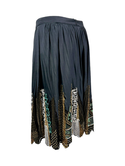 Etro black silk embroidered buildings skirt