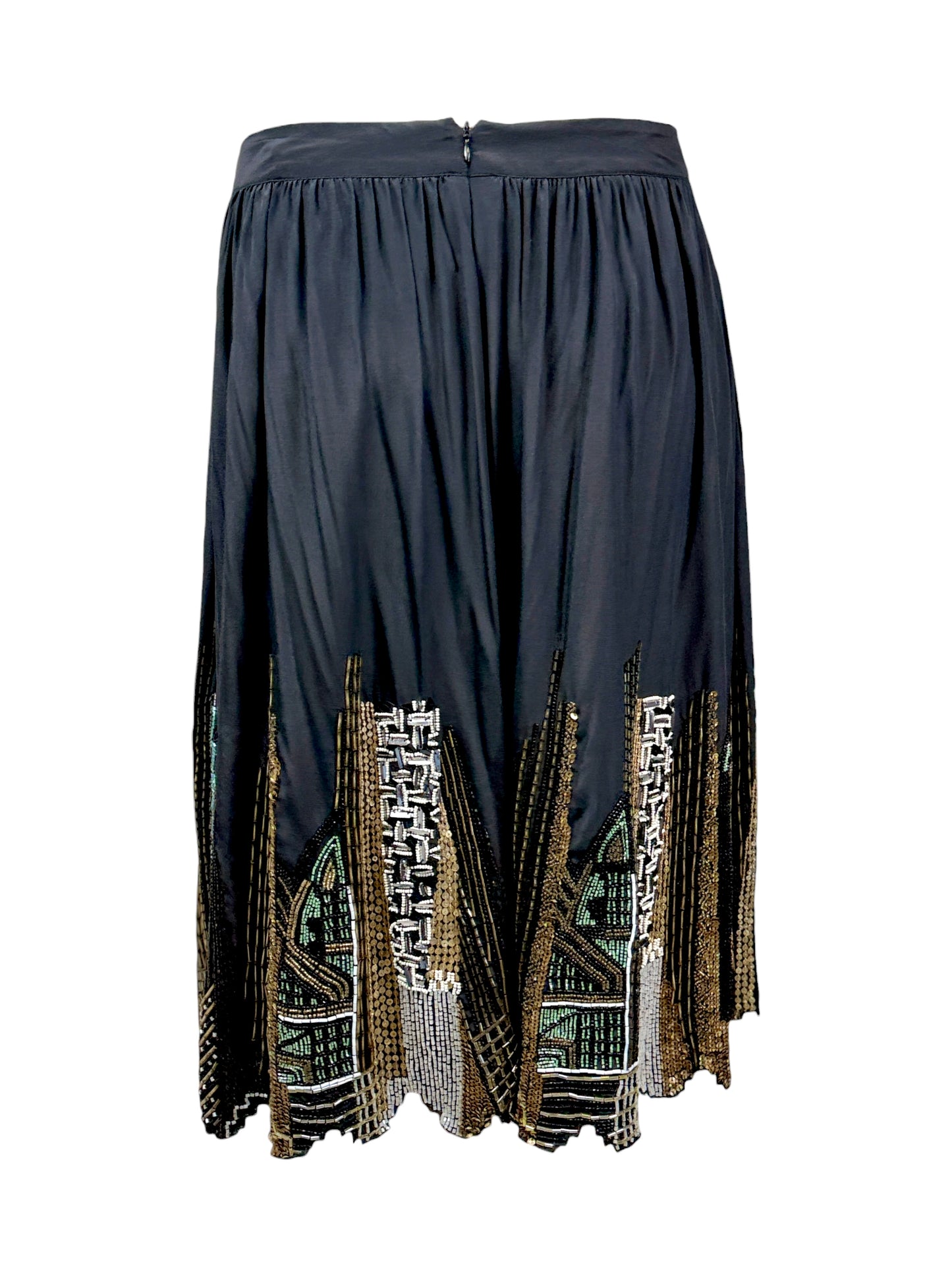Etro black silk embroidered buildings skirt