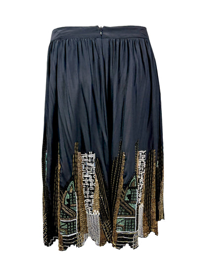 Etro black silk embroidered buildings skirt