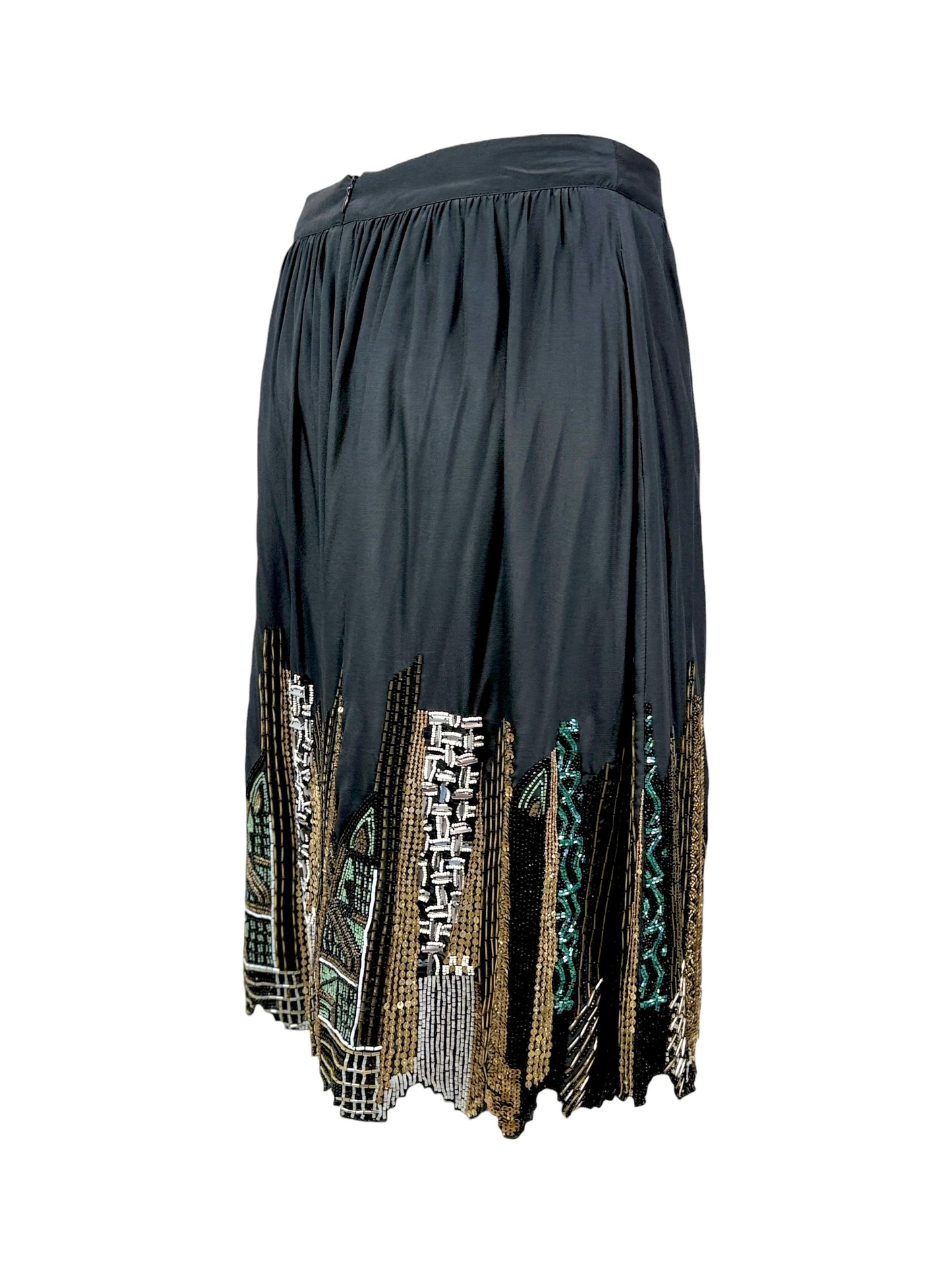 Etro black silk embroidered buildings skirt