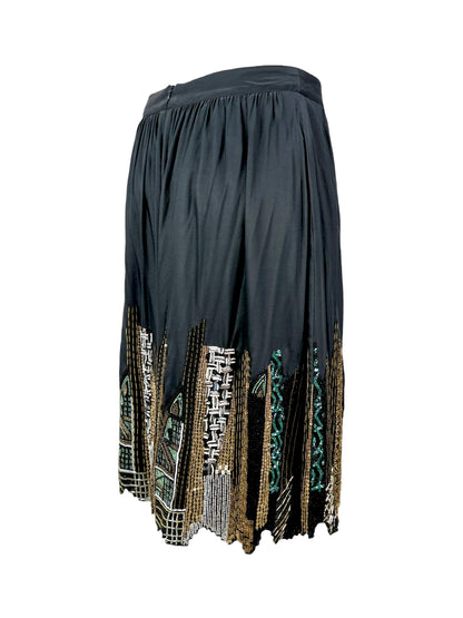 Etro black silk embroidered buildings skirt