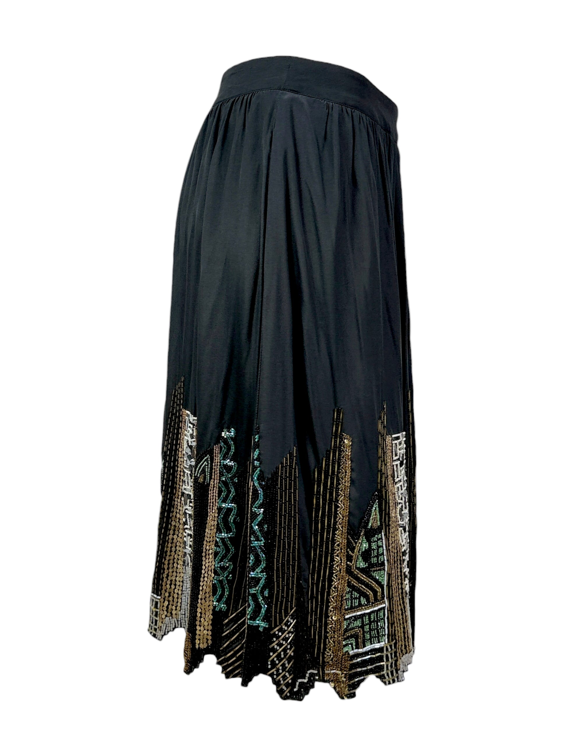 Etro black silk embroidered buildings skirt
