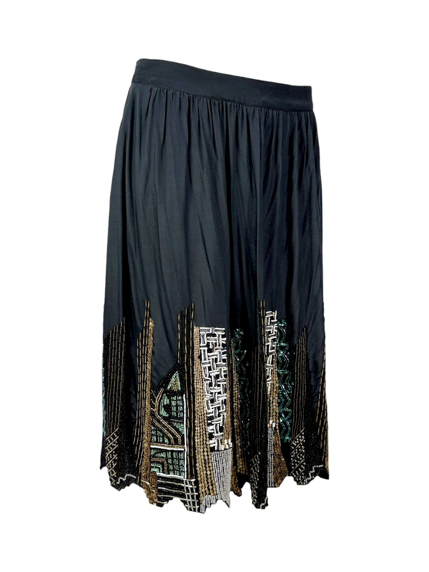 Etro black silk embroidered buildings skirt