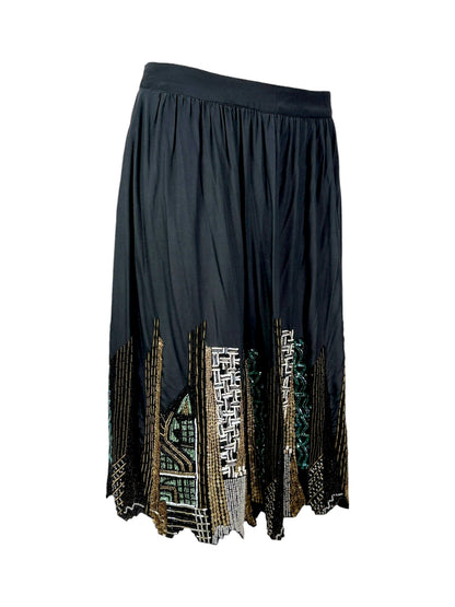 Etro black silk embroidered buildings skirt