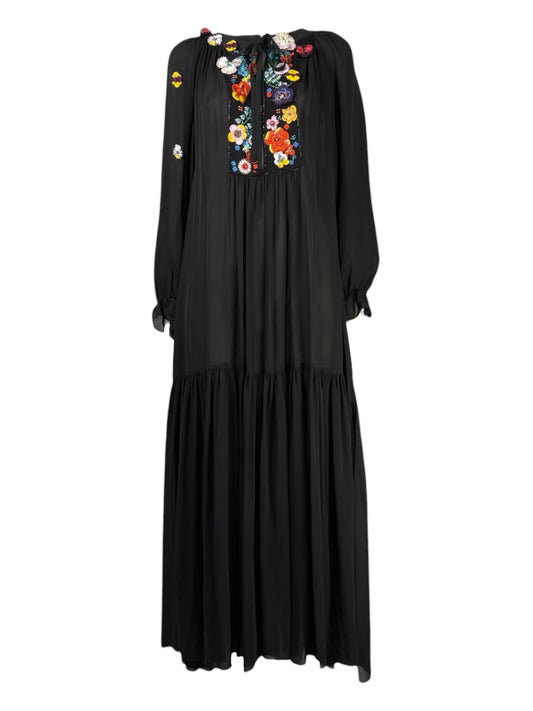 Fendi - Loose-fitting black silk crepe dress with ruffles, bodice embroidered with multicolored flowers 10