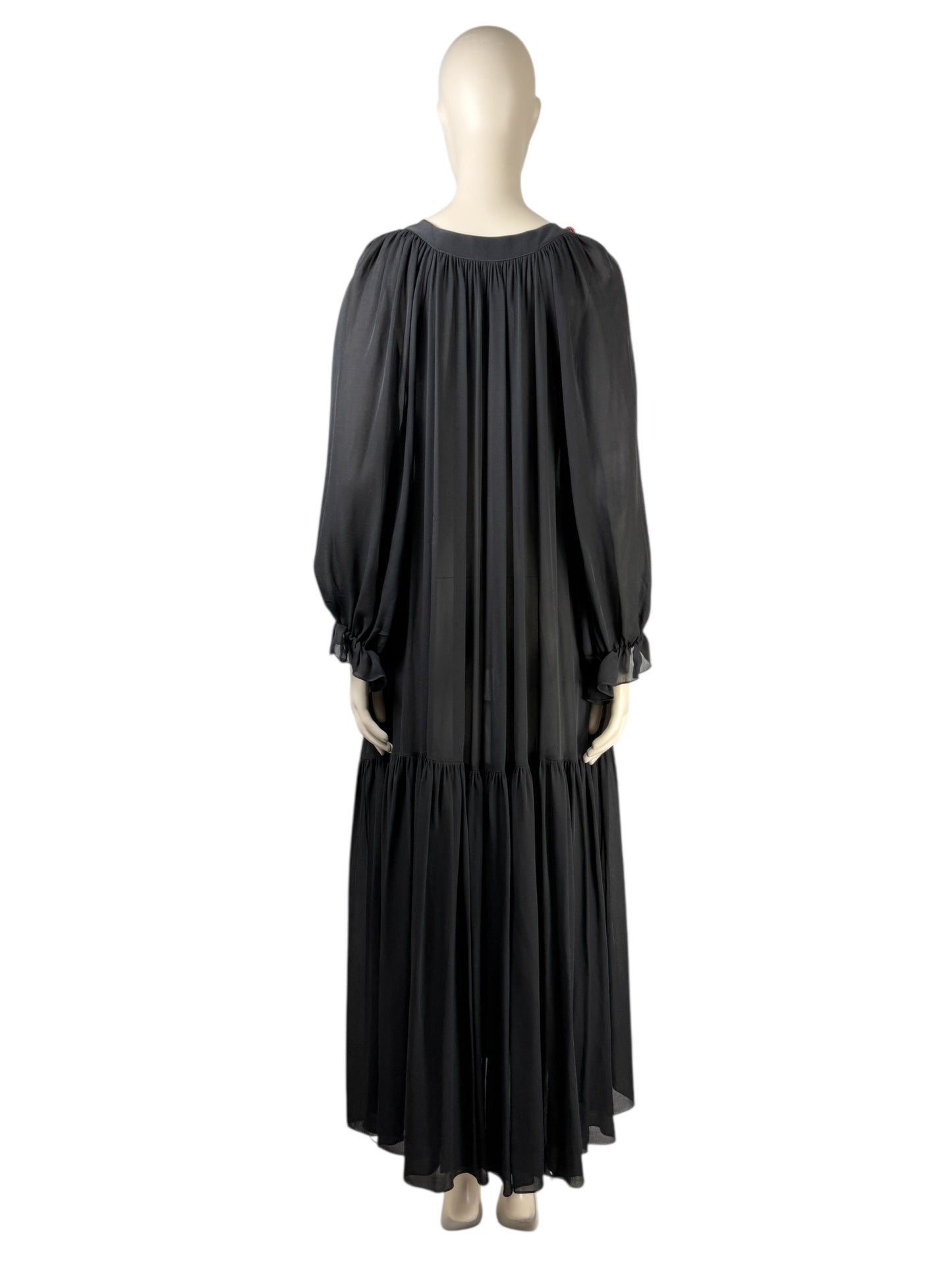 Fendi - Loose-fitting black silk crepe dress with ruffles, bodice embroidered with multicolored flowers 2