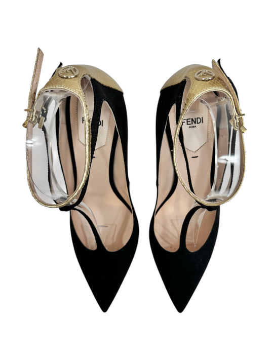 Fendi pumps black ottoman gold metallic leather