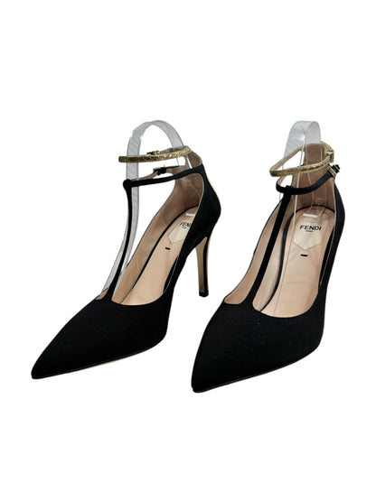 Fendi pumps black ottoman gold metallic leather