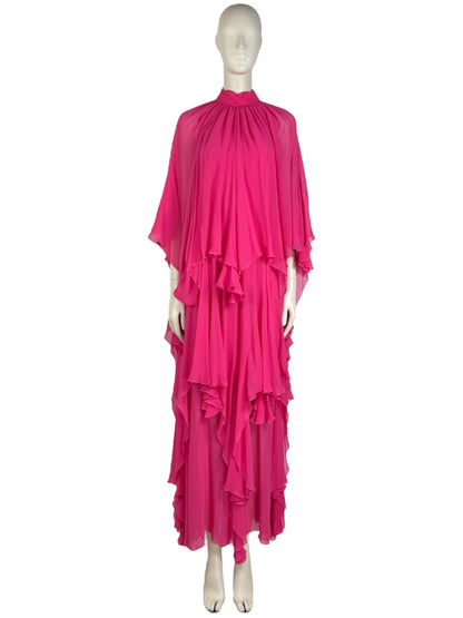 Gucci - Sleeveless maxi dress in fuchsia silk chiffon crepe with ruffles.