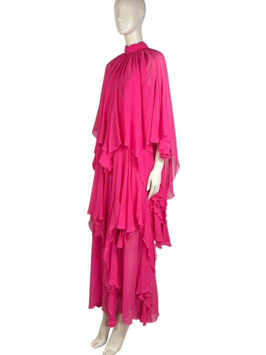 Gucci - Sleeveless maxi dress in fuchsia silk chiffon crepe with ruffles. 1