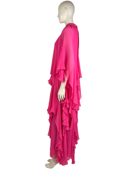 Gucci - Sleeveless maxi dress in fuchsia silk chiffon crepe with ruffles. 2