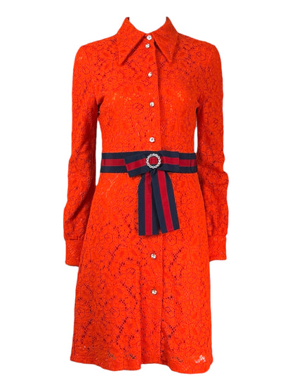Gucci Alessandro Michele - Pre-Fall 2017  - Neon orange guipure dress, rhinestone buttoning, navy and red Web belt