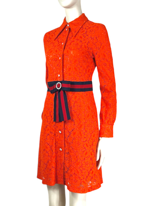 Gucci Alessandro Michele - Pre-Fall 2017  - Neon orange guipure dress, rhinestone buttoning, navy and red Web belt