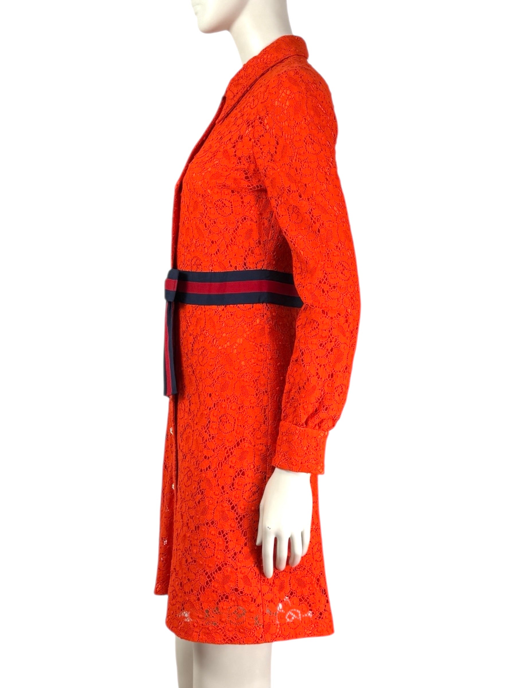 Gucci Alessandro Michele - Pre-Fall 2017  - Neon orange guipure dress, rhinestone buttoning, navy and red Web belt