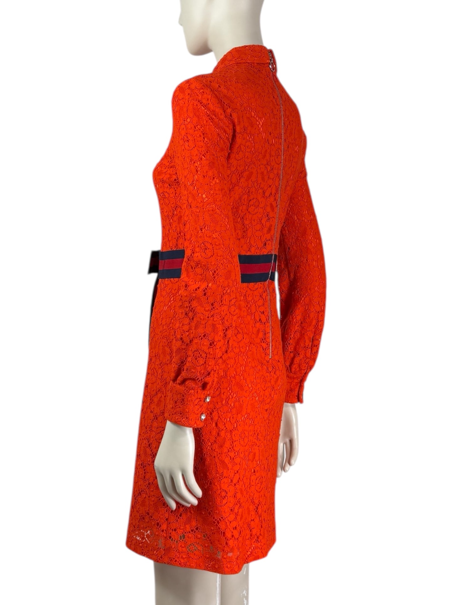 Gucci Alessandro Michele - Pre-Fall 2017  - Neon orange guipure dress, rhinestone buttoning, navy and red Web belt