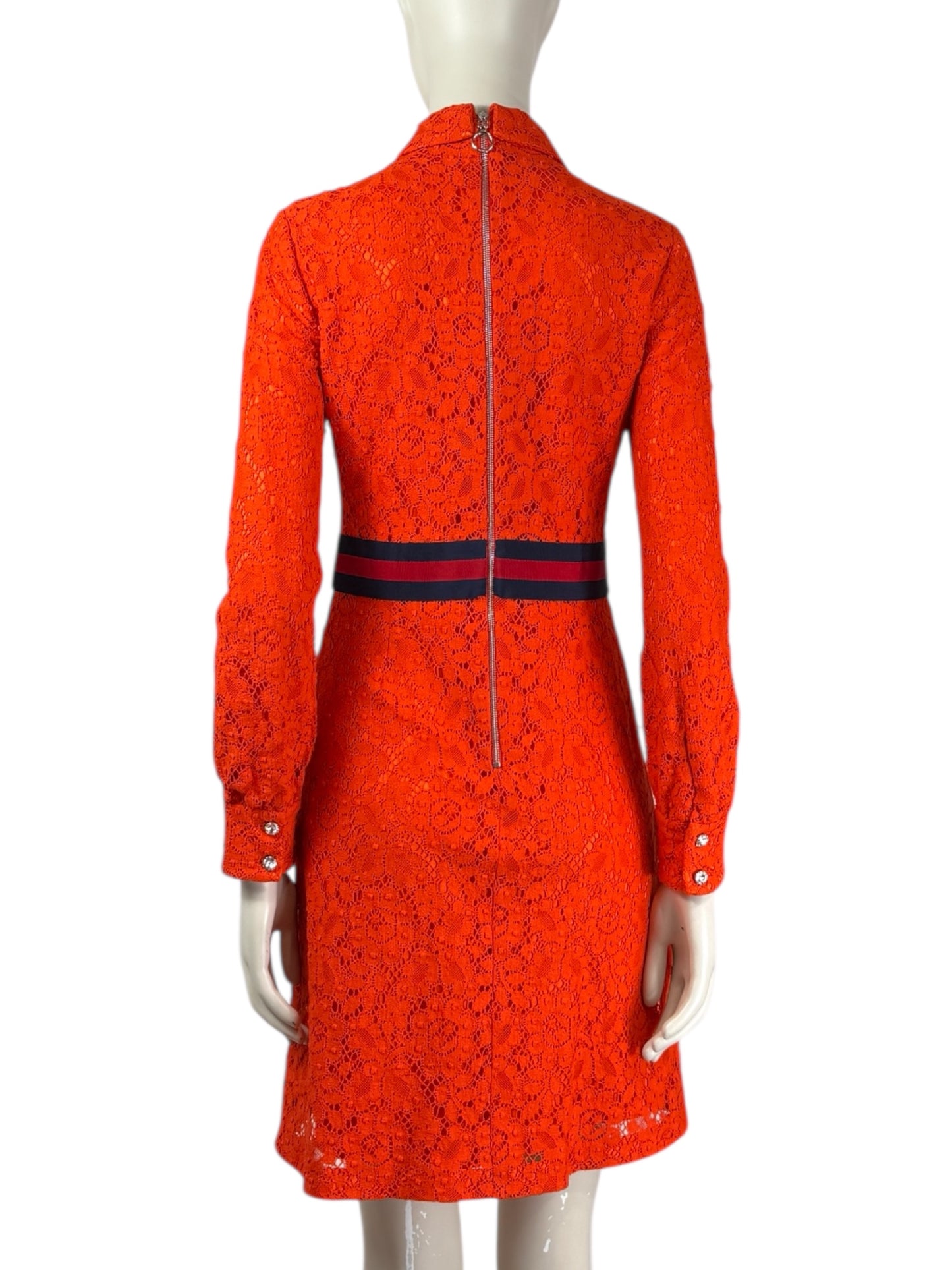 Gucci Alessandro Michele - Pre-Fall 2017  - Neon orange guipure dress, rhinestone buttoning, navy and red Web belt
