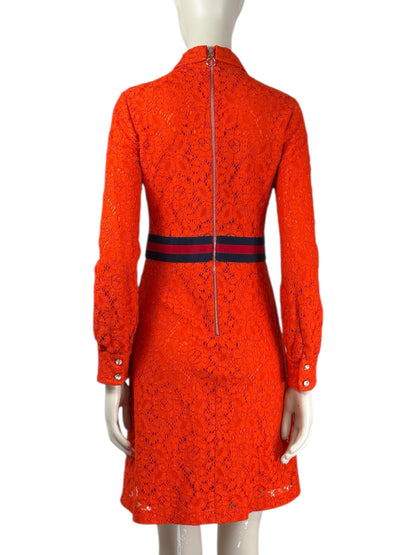 Gucci Alessandro Michele - Pre-Fall 2017  - Neon orange guipure dress, rhinestone buttoning, navy and red Web belt