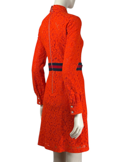 Gucci Alessandro Michele - Pre-Fall 2017  - Neon orange guipure dress, rhinestone buttoning, navy and red Web belt
