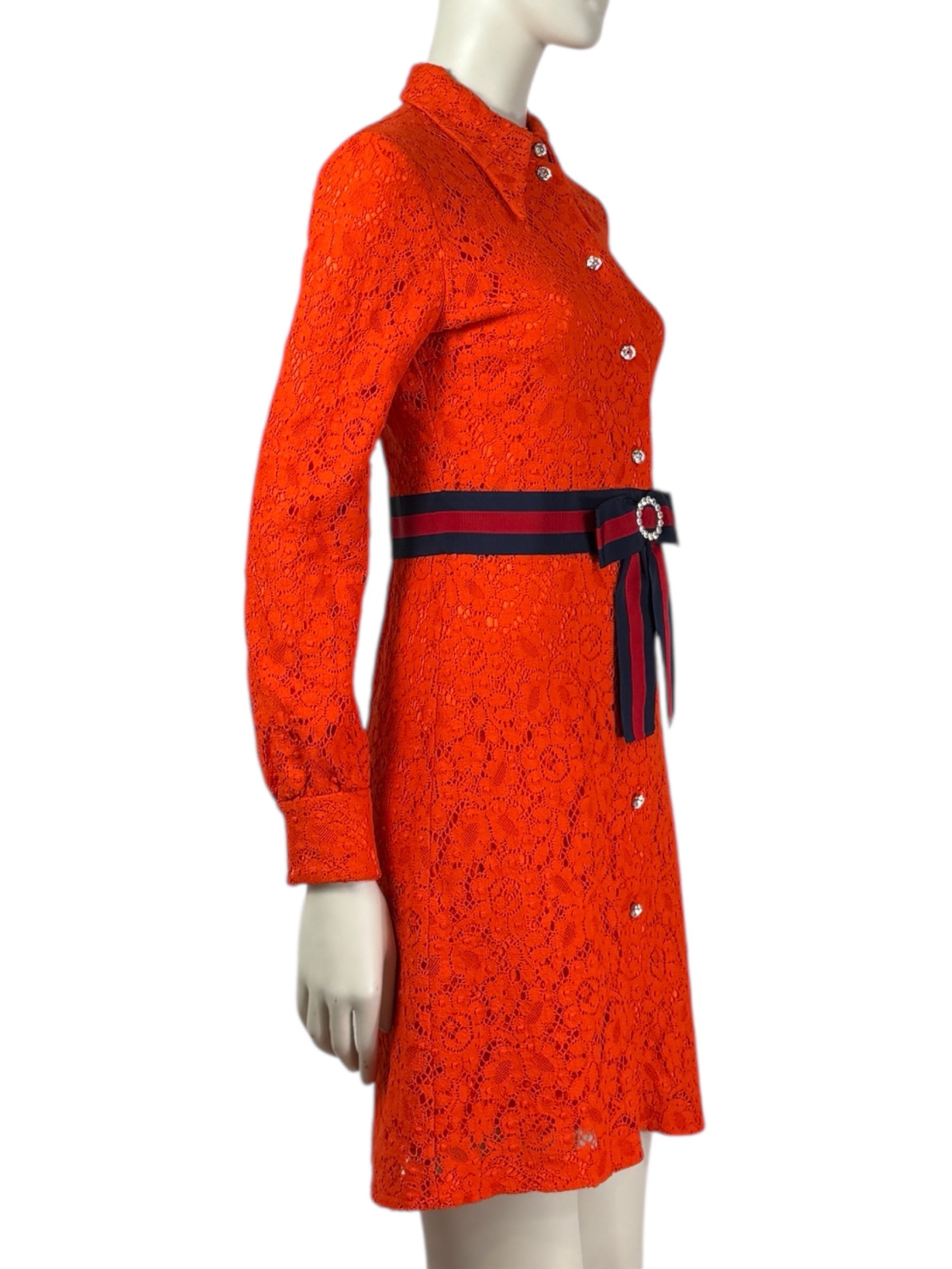 Gucci Alessandro Michele - Pre-Fall 2017  - Neon orange guipure dress, rhinestone buttoning, navy and red Web belt