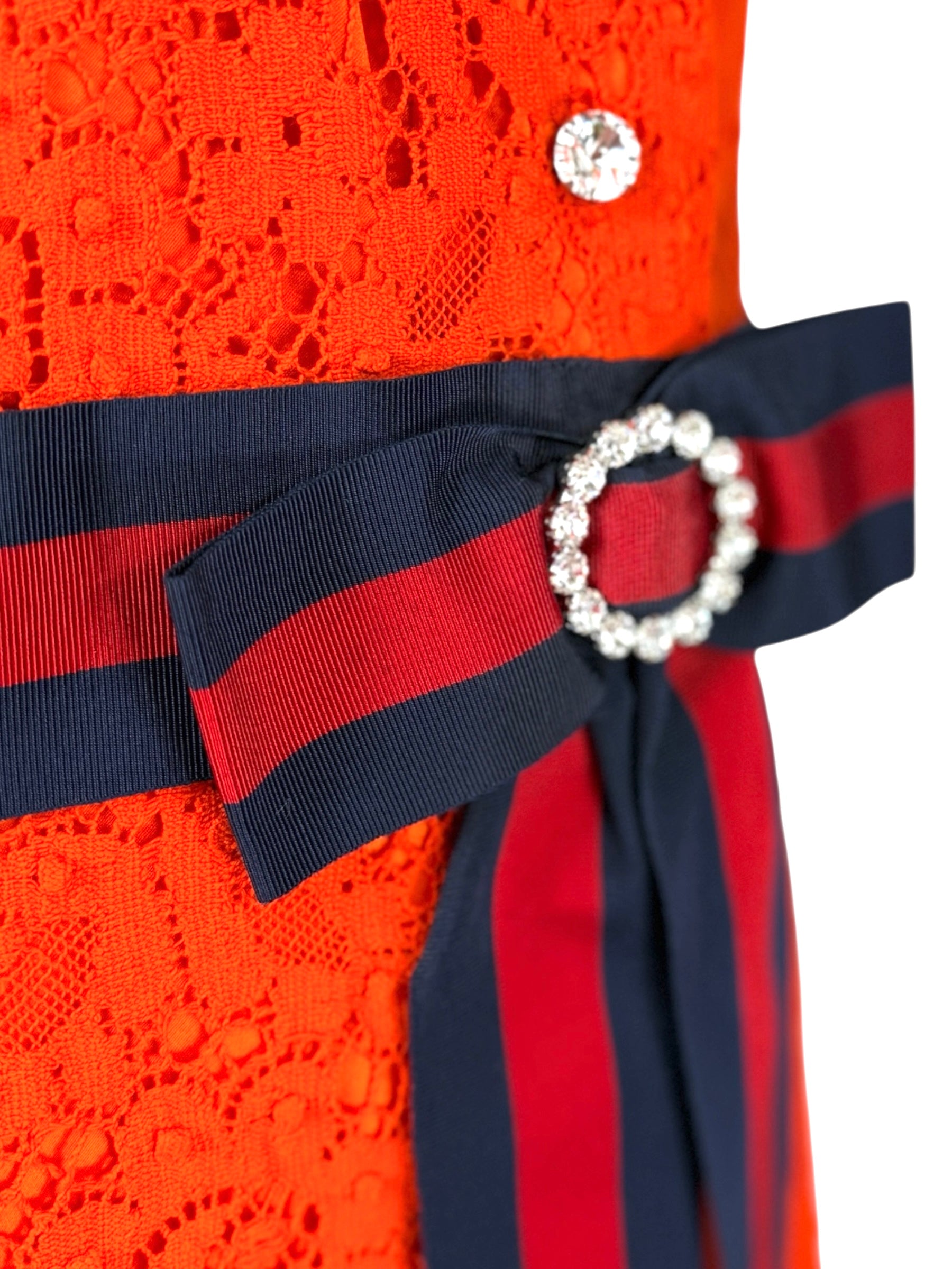 Gucci Alessandro Michele - Pre-Fall 2017  - Neon orange guipure dress, rhinestone buttoning, navy and red Web belt
