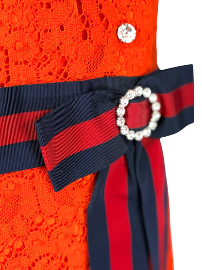 Gucci Alessandro Michele - Pre-Fall 2017  - Neon orange guipure dress, rhinestone buttoning, navy and red Web belt