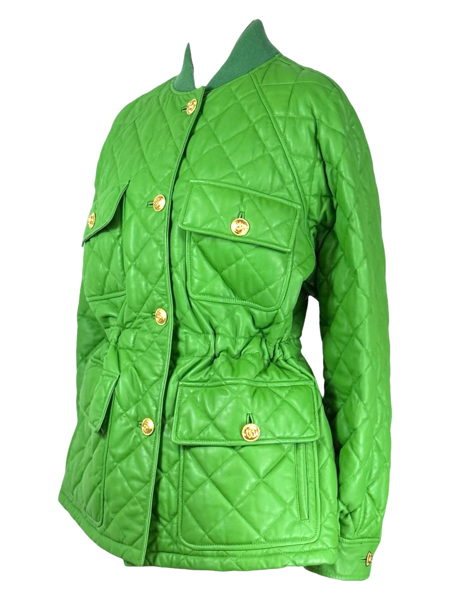 Gucci Alessandro Michele - Pre-Fall 2019 - Look 71 - Oversized apple green quilted lambskin leather jacket, drawstring waist, floral print lining