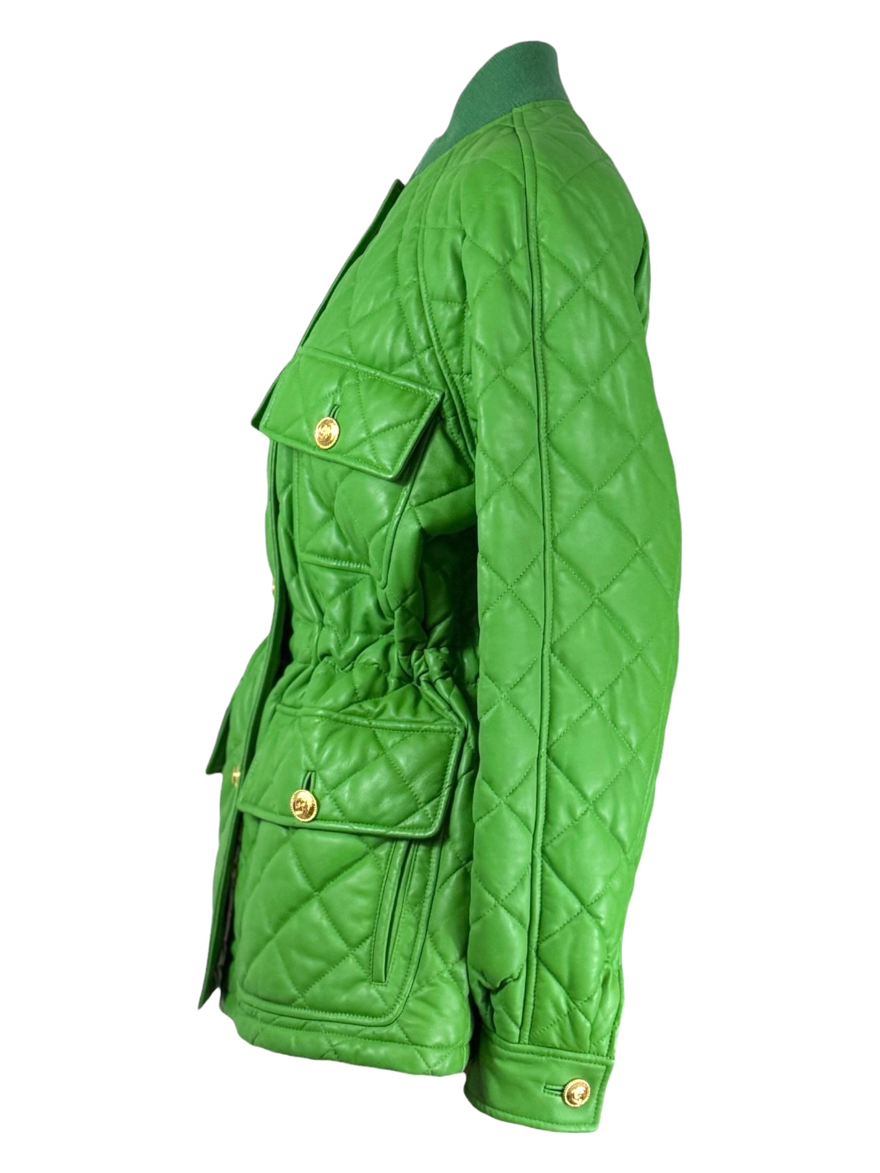 Gucci Alessandro Michele - Pre-Fall 2019 - Look 71 - Oversized apple green quilted lambskin leather jacket, drawstring waist, floral print lining