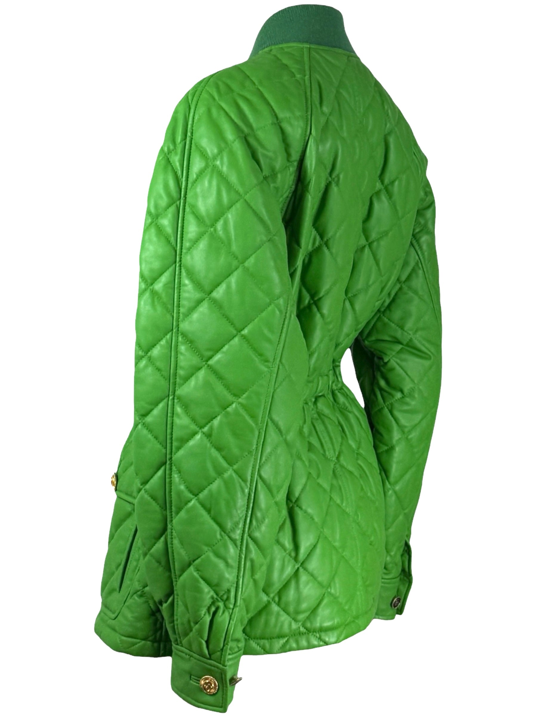 Gucci Alessandro Michele - Pre-Fall 2019 - Look 71 - Oversized apple green quilted lambskin leather jacket, drawstring waist, floral print lining