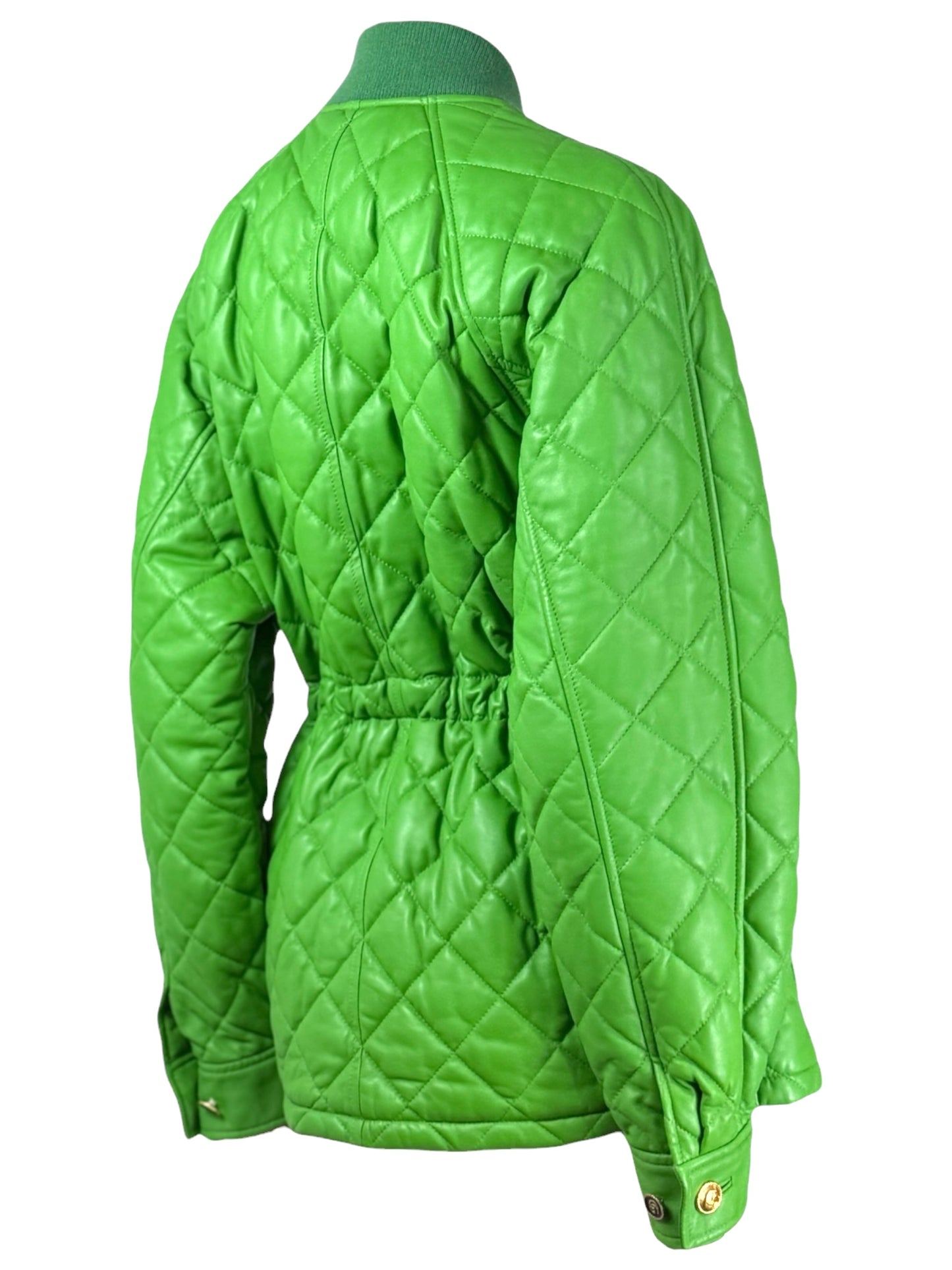 Gucci Alessandro Michele - Pre-Fall 2019 - Look 71 - Oversized apple green quilted lambskin leather jacket, drawstring waist, floral print lining