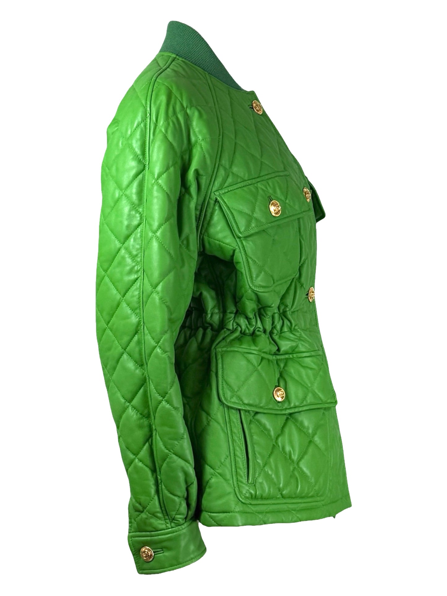Gucci Alessandro Michele - Pre-Fall 2019 - Look 71 - Oversized apple green quilted lambskin leather jacket, drawstring waist, floral print lining