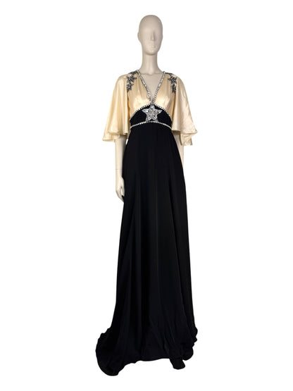 Gucci Alessandro Michele - Prototype  Fall/Winter 2018-2019 - Long dress in ecru satin and black crepe, rhinestone-embellished bodice