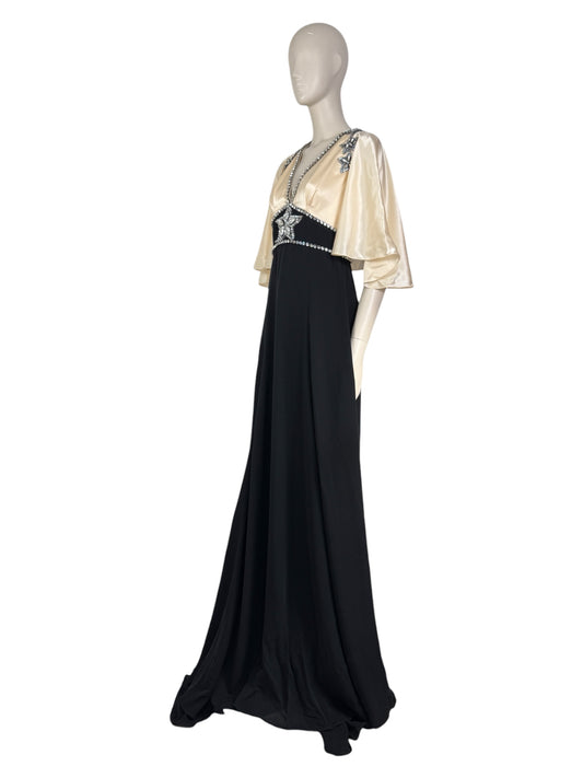 Gucci Alessandro Michele - Prototype  Fall/Winter 2018-2019 - Long dress in ecru satin and black crepe, rhinestone-embellished bodice