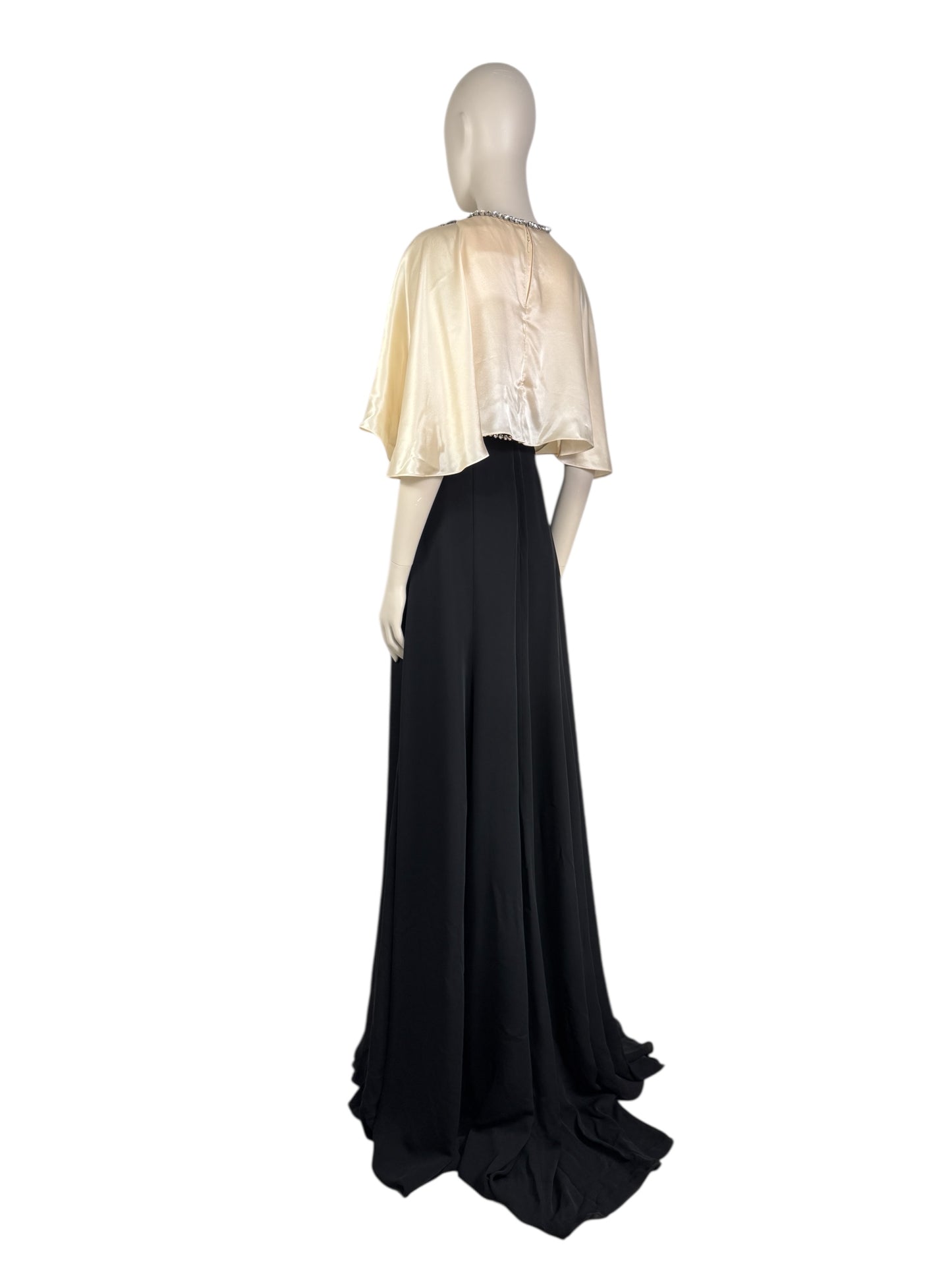 Gucci Alessandro Michele - Prototype  Fall/Winter 2018-2019 - Long dress in ecru satin and black crepe, rhinestone-embellished bodice