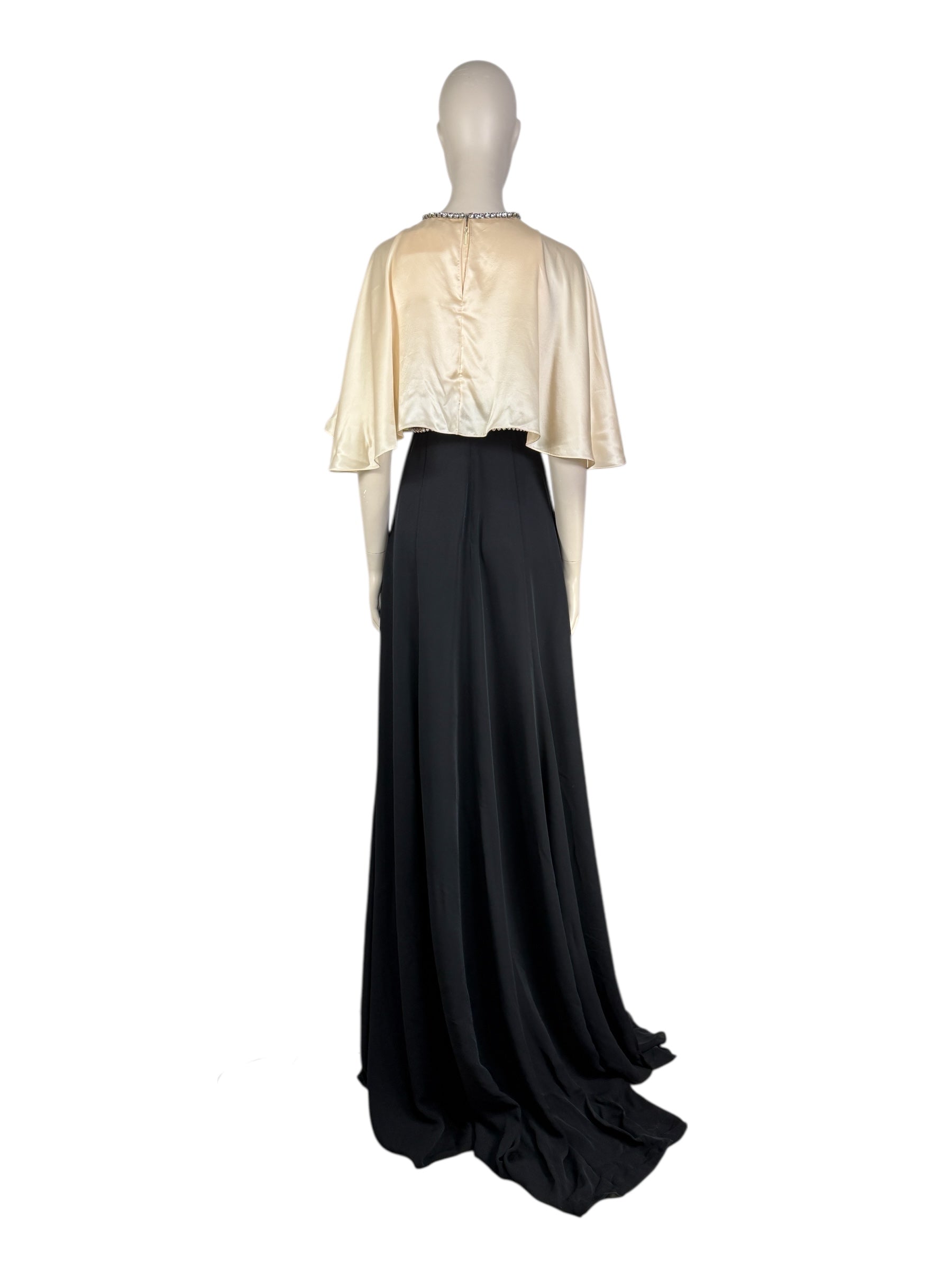 Gucci Alessandro Michele - Prototype  Fall/Winter 2018-2019 - Long dress in ecru satin and black crepe, rhinestone-embellished bodice