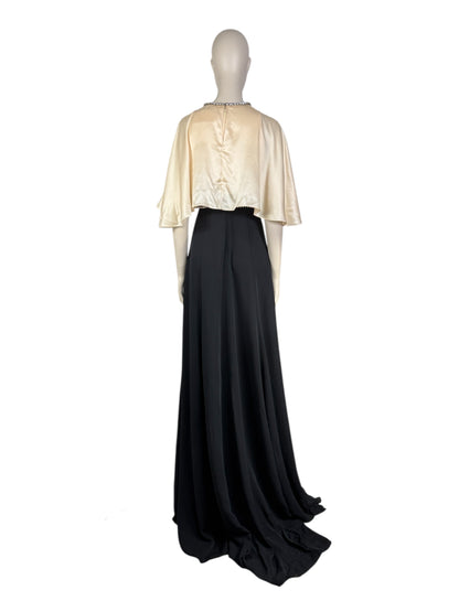 Gucci Alessandro Michele - Prototype  Fall/Winter 2018-2019 - Long dress in ecru satin and black crepe, rhinestone-embellished bodice
