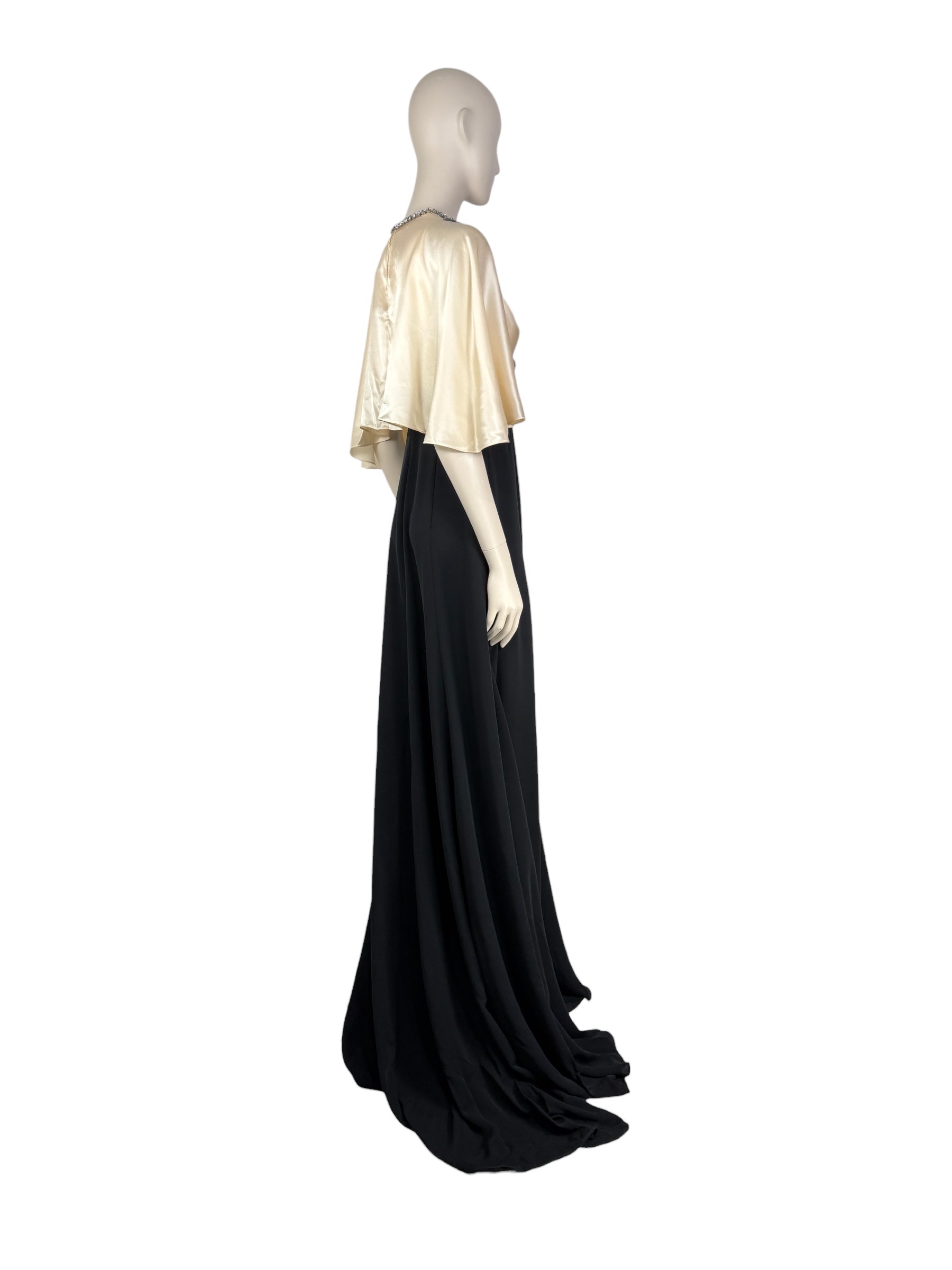 Gucci Alessandro Michele - Prototype  Fall/Winter 2018-2019 - Long dress in ecru satin and black crepe, rhinestone-embellished bodice