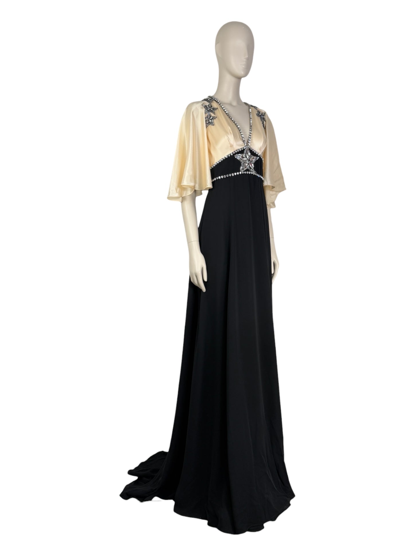 Gucci Alessandro Michele - Prototype  Fall/Winter 2018-2019 - Long dress in ecru satin and black crepe, rhinestone-embellished bodice