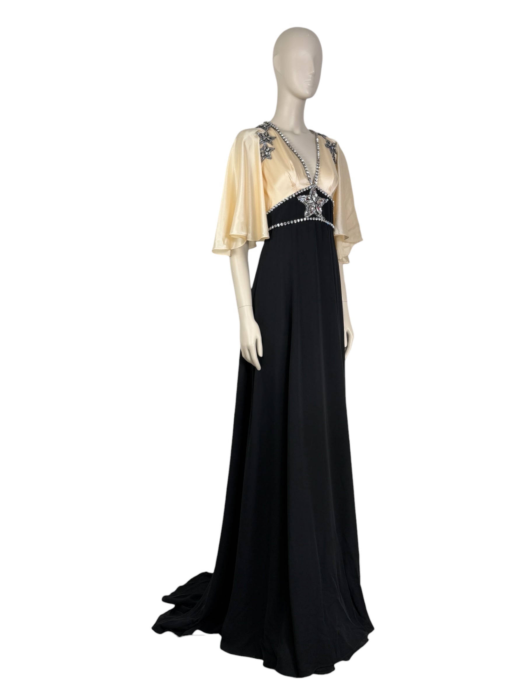 Gucci Alessandro Michele - Prototype  Fall/Winter 2018-2019 - Long dress in ecru satin and black crepe, rhinestone-embellished bodice